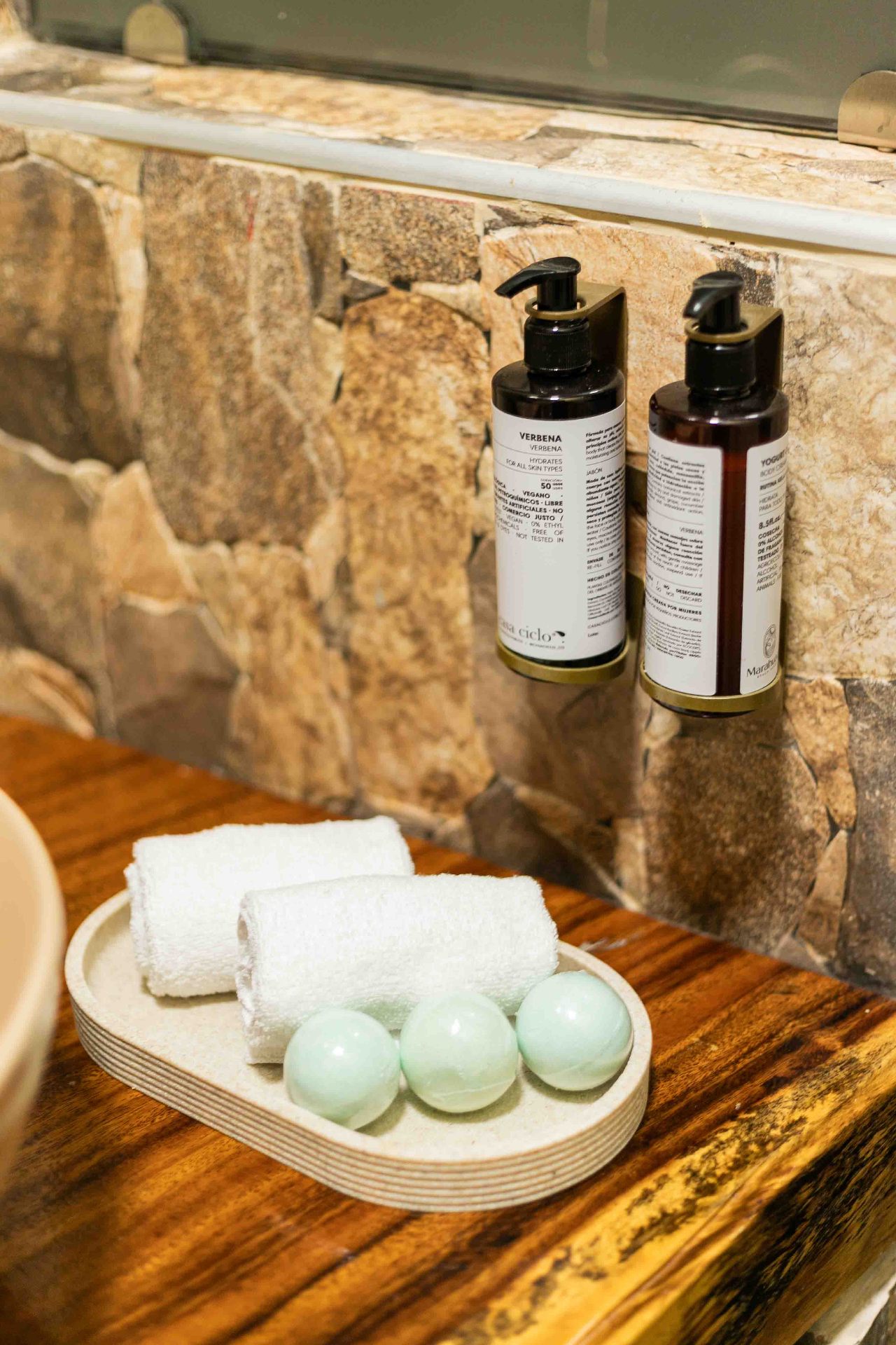 Luxury amenities and towels at Marahuaco Beach House boutique hotel Cartagena Colombia